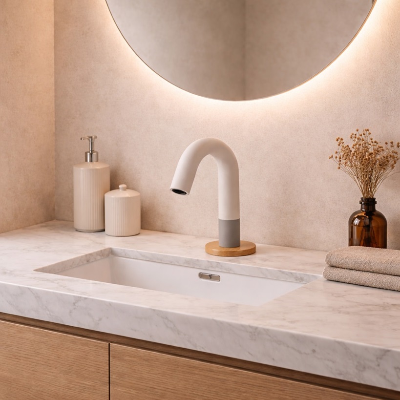 Touchless wall-mounted faucet installed over a wall sink bathroom layout